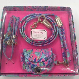 NEW Lilly Pulitzer Dog Walk Set Pink Lil Earned Stripes Palm Tree Leash Collar